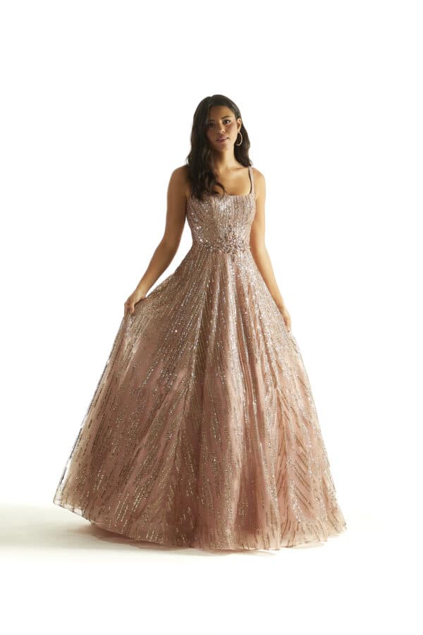 Crystal Beading on a Sequined, Glitter Tulle A-Line Gown