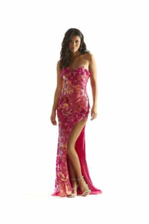 Allover Patterned Sequins on a Slim Net Gown with Three-Dimensional Floral Trim