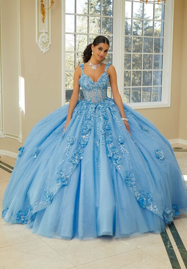 french blue quinceanera dress with 3D flowers