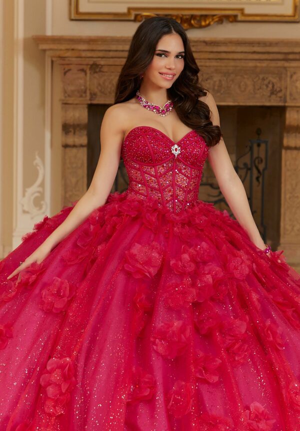 red quinceanera dress with a decorated bodice