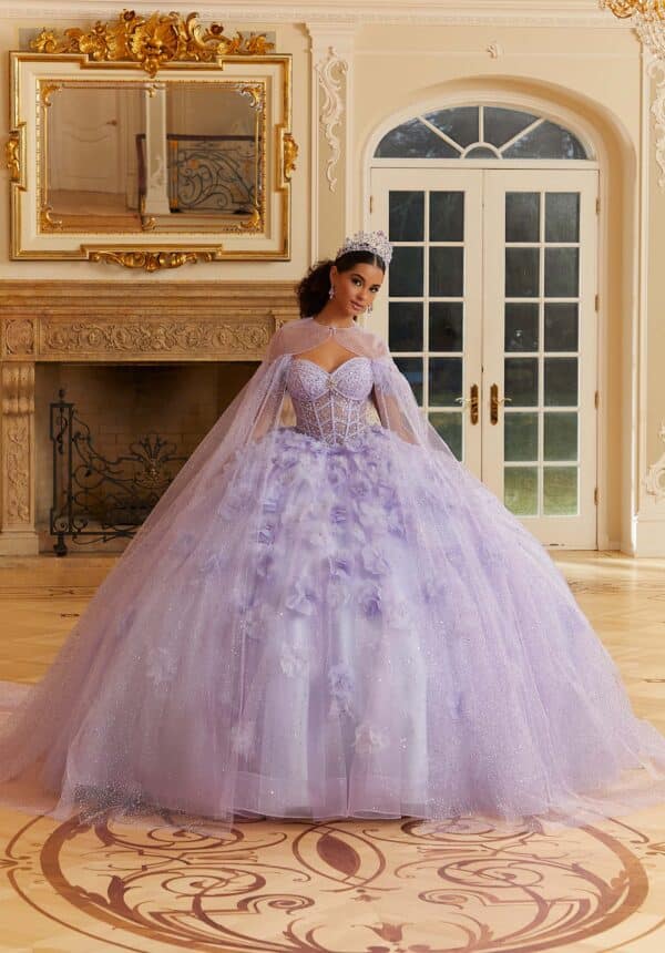 light purple quinceanera dress with sheer cloak