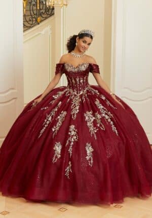 a red and silver quinceanera dress