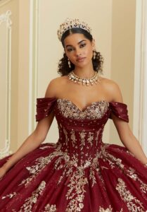 deep red quinceanera dress with a detailed bodice