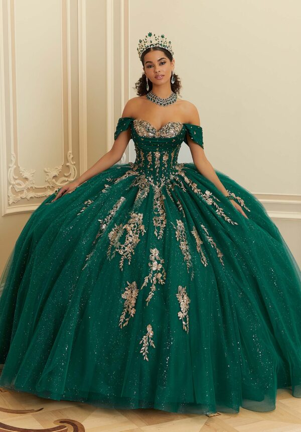 green and gold quinceanera dress