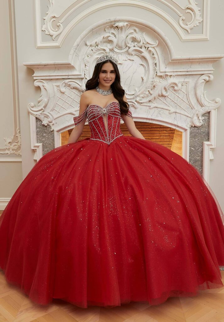 a bright red quinceañera dress with sophisticated details on the bodice