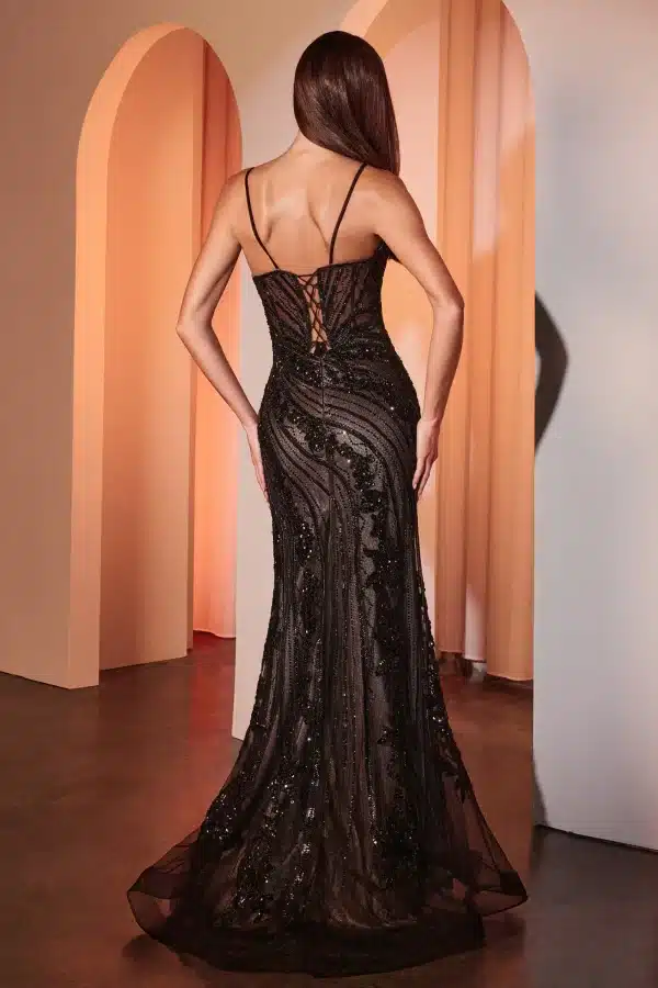 the back of a lace prom dress