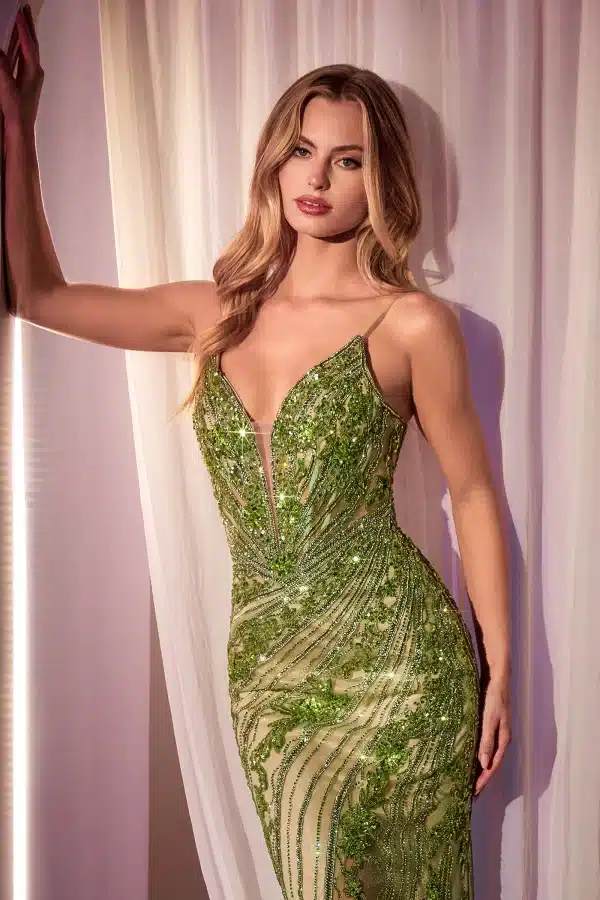 green prom dress with plunging neckline