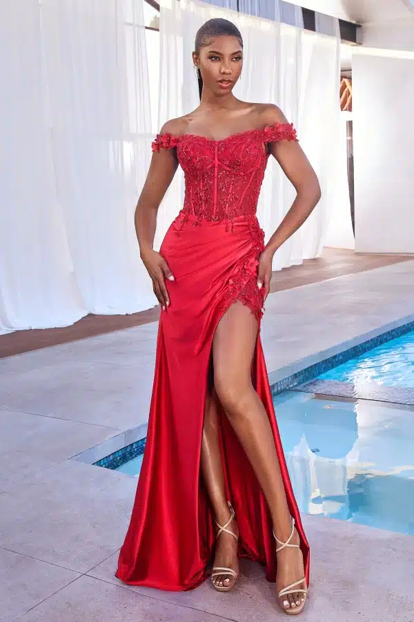 red off-the-shoulder prom dress