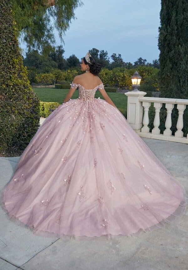the back of a pink quinceanera gown