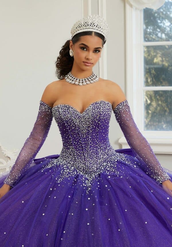 purple quince gown with long sleeves