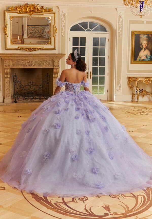 the back of a flowery quince gown