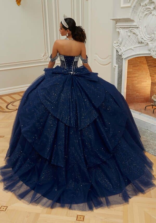 the back of a navy blue quinceanera gown