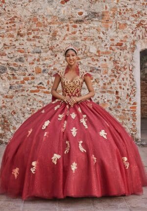 red and gold quinceanera dress