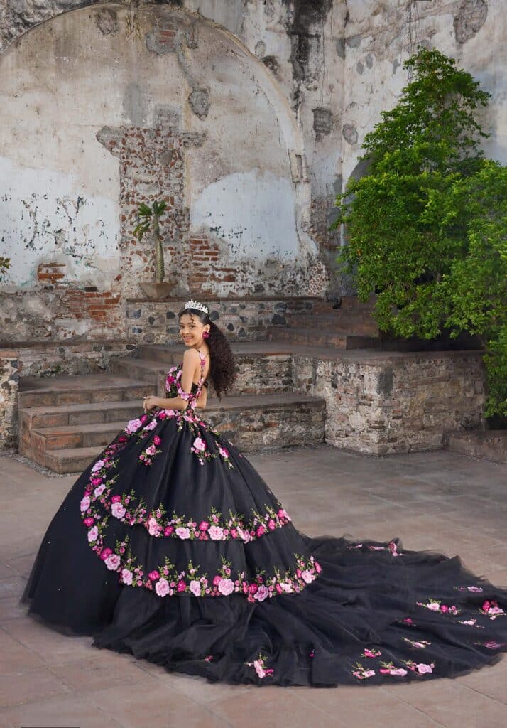 black quince dress with flowers A Line Black Tulle Prom Dress With Flowers Puffy Quinceanera Dresses f –  formalgowns main image 1