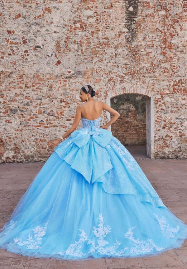 the back of a light blue quinceanera dress