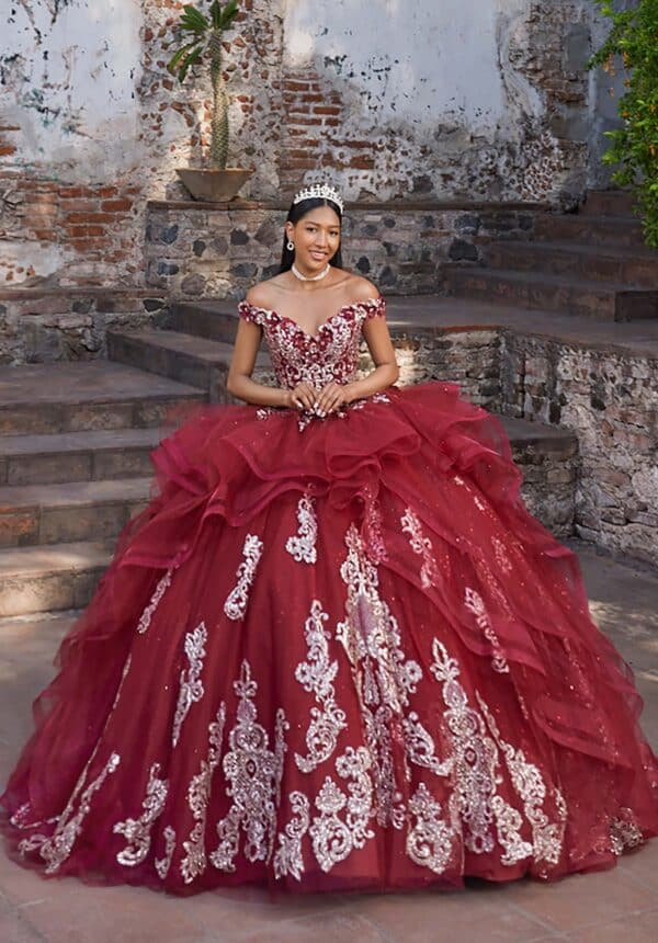 Ball Gown with Metallic Thread Work Lace and Cascading Ruffle Skirt - Image 5