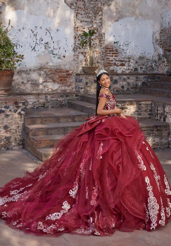 Ball Gown with Metallic Thread Work Lace and Cascading Ruffle Skirt - Image 6
