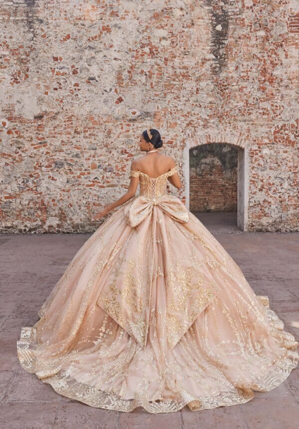 gold bow on the back of a quince gown