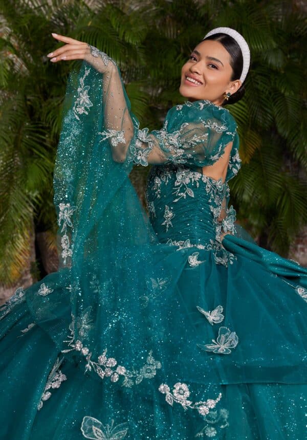 Ball Gown with Metallic Thread Work and Butterfly Motif - Image 9