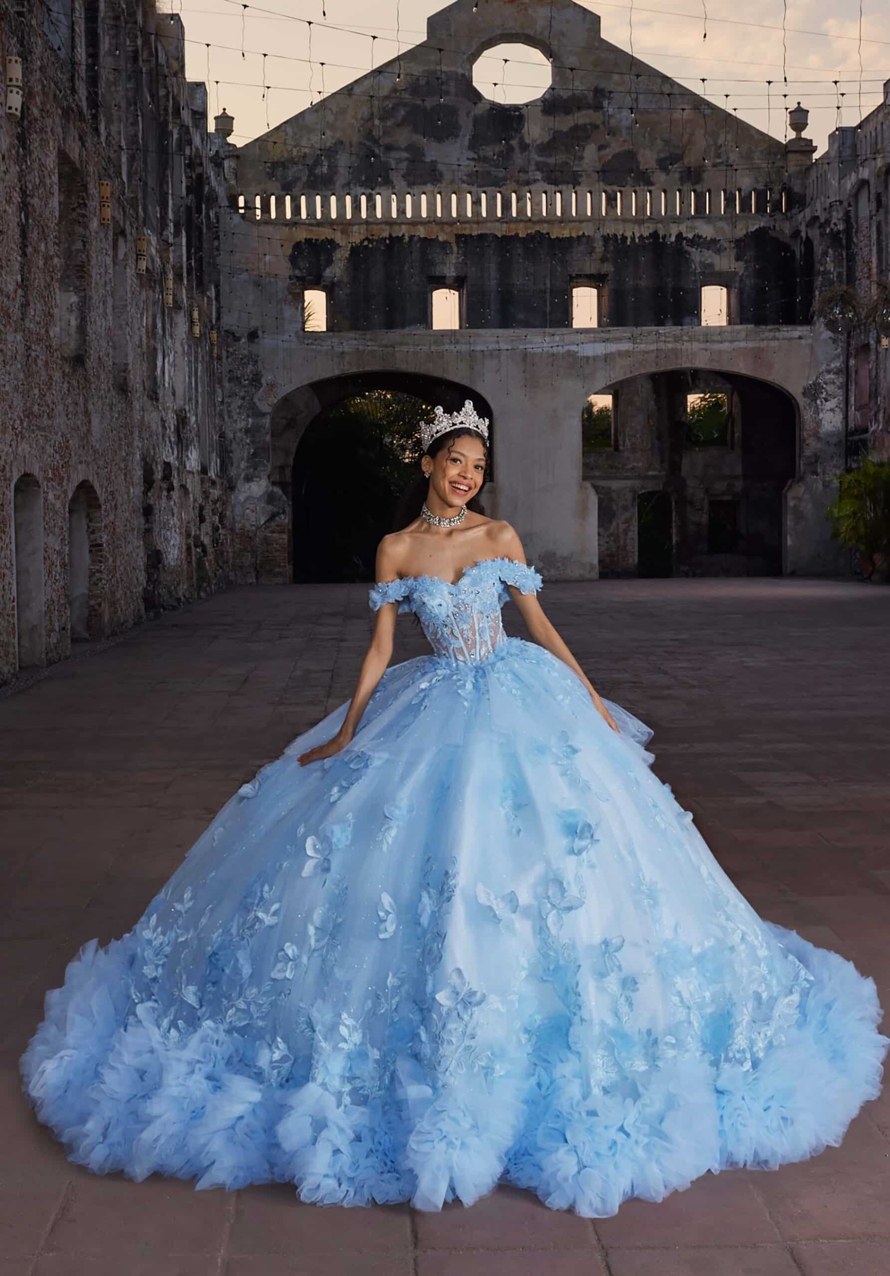 blue floral ball gown