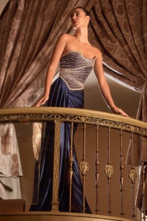 strapless open back dress Spaghetti Straps Dark Blue Long Prom Dress Evening Dress with Slit, OL –  DaintyBridal main image 0
